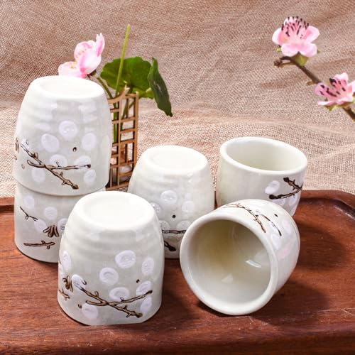 Whitenesser Japanese Ceramic Sake Cup Set of 6 - White Vintage Plum Tea Cups 1.81"