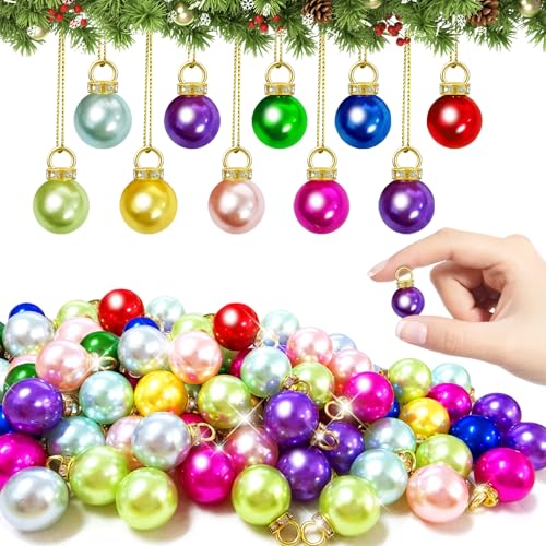 Guuozzli 120Pcs 10 Colors 0.6in Mini Christmas Ball Ornaments with Gold String - Imitation Pearl Pendants