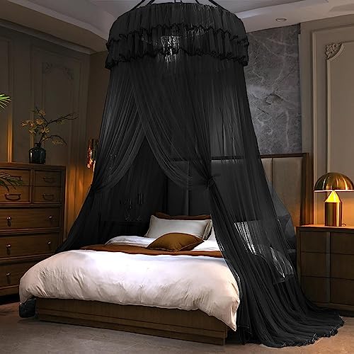 Mosquito Net Bed Canopy - Princess Dome Sheer Mesh Netting Curtain, Black
