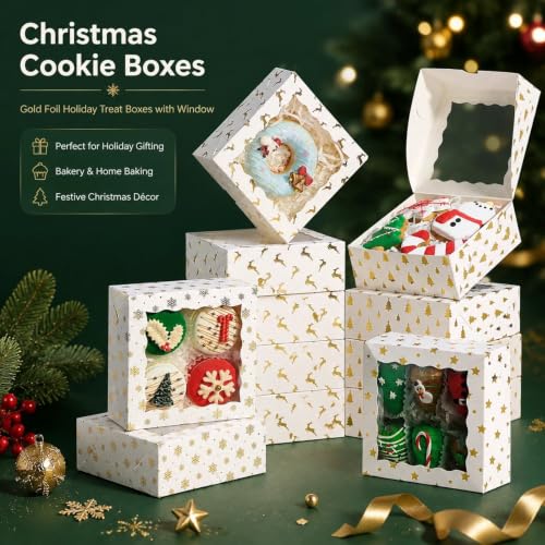 NEKSUNBAK 5x5x2 Inch Christmas Treat Boxes (24 Pack), White Cardboard with Window