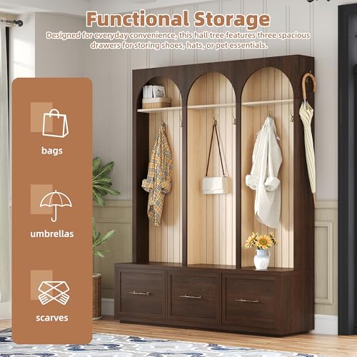 Farmhouse Hall Tree with Shoe Bench, 3 Drawers and 8 Coat Hooks, Walnut