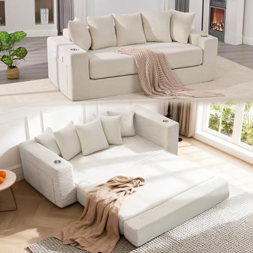 76" Corduroy Convertible Sofa Bed with Storage and Cup Holders