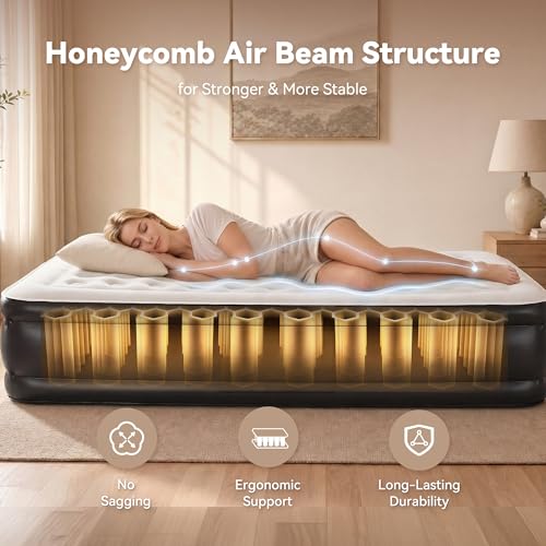 Queen Air Mattress with Built-in Pump, Waterproof Flocked Top