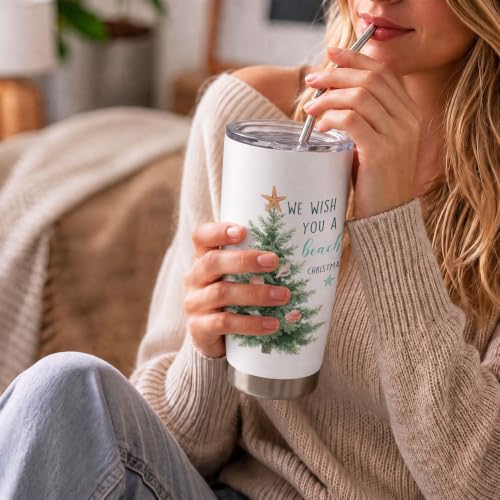 LRTOFUTEY Beach Christmas Tree Tumbler 20oz - Christmas Tree-01 with Lid & Straw