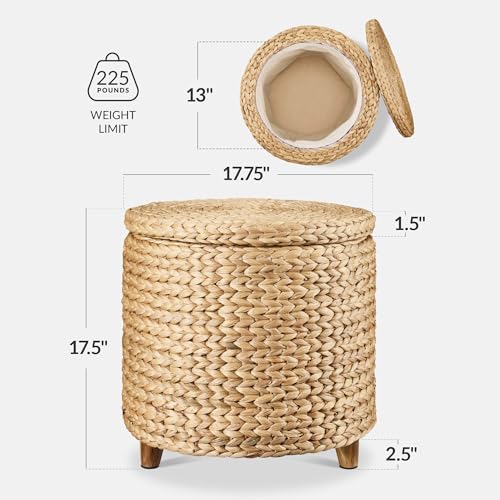 17-Inch Round Woven Water Hyacinth Storage Ottoman with Lid and Wooden Legs