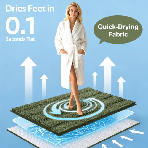 ACCUMTEK Olive Green U Shape & Rectangular Bathroom Rug Set - Plush Chenille Non Slip Bath Mats, 24x20 & 48x20 Inches