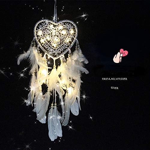 Heart-Shaped LED Dream Catcher Wall Hanging with Feathers and Lights