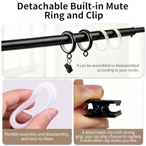 22 Pack Metal Curtain Rings with Clips, 1.6-Inch Inner Diameter, Black