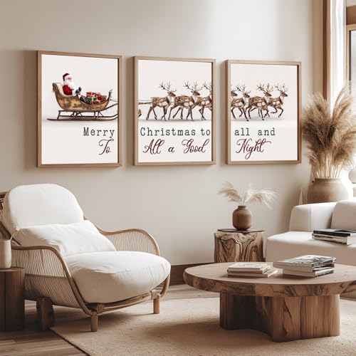 11x14 Inch Unframed Set of 3 Vintage Santa Reindeer Wall Art Prints