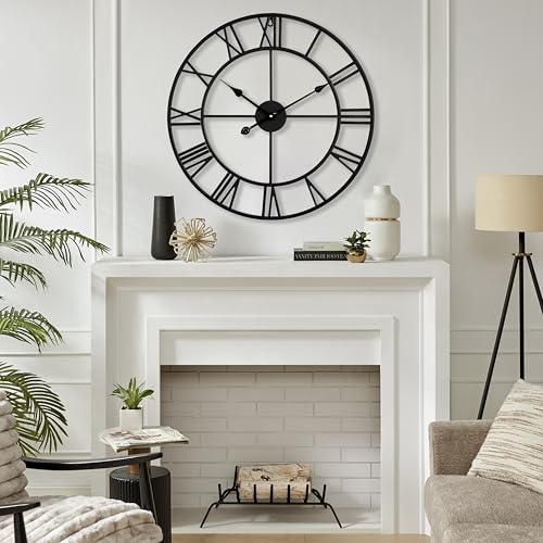 Black Roman Numeral 24 Inch Wall Clock - Silent Metal Decor for Living Room