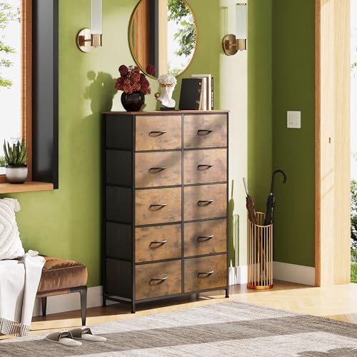 10-Drawer Tall Storage Dresser, Rustic Wood Top Fabric Chest for Bedroom