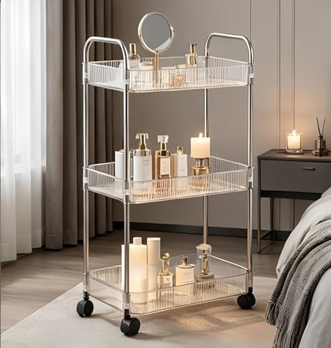 Clear 3-Tier Plastic Rolling Utility Cart with Wheels & Side Hooks