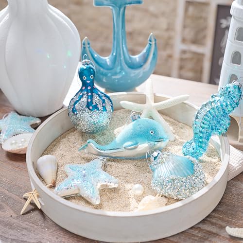 Valery Madelyn 8ct Large Christmas Glass Ornaments Set - Beach & Marine Theme