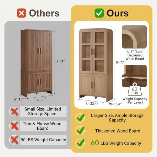 77-Inch Tall Kitchen Pantry Cabinet with Glass Doors and Adjustable Shelves