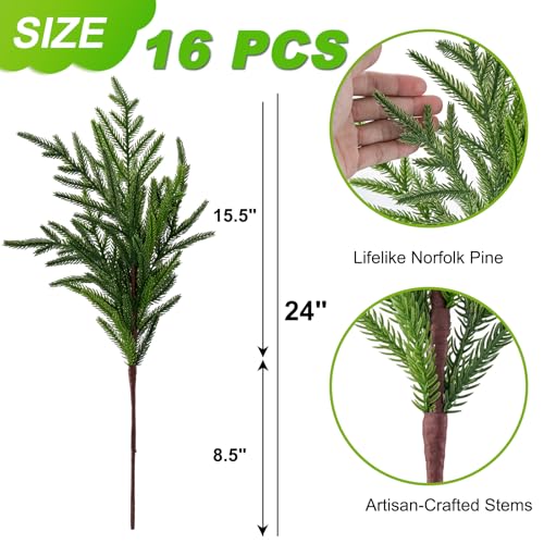 HIKISS 16 Pcs 24-Inch Realistic Norfolk Pine Branches for Christmas Decor - Artificial Greenery Stems for Wreaths, Garlands, Vases & DIY Projects