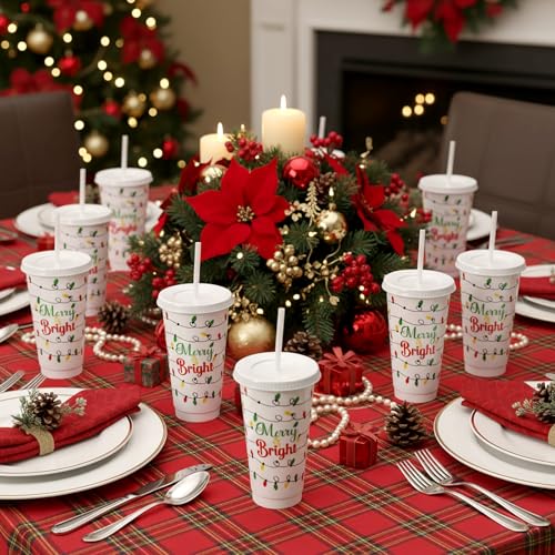 Willinglong Christmas Light Bulb Themed 24 oz Reusable Tumblers with Lids & Straws – Bulk Gift Set for Staff and Coworkers