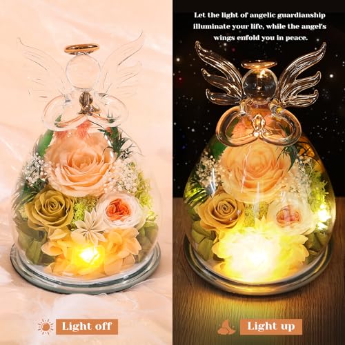 Preserved Rose Glass Angel Figurine with LED Lights - Eternal Flower Gift