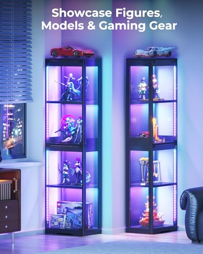 4-Tier Glass Display Cabinet with RGB Lights and Pop-Up Doors