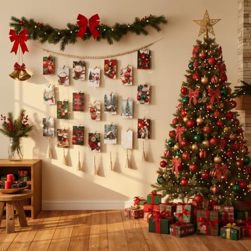 Macrame Wall Hanging Photo Display with 45 Clips and Wood Beads Garland