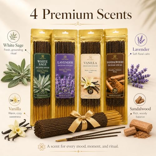 Natural Incense Sticks Set - 80 Pack of 4 Scents for Meditation and Yoga