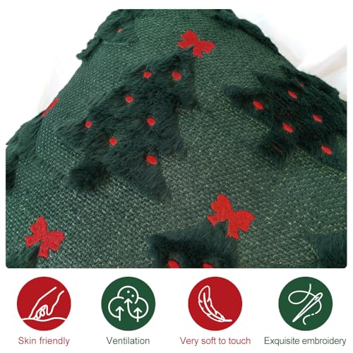 Christmas Pillow Covers 18x18 inch Set of 2 Christmas Decorations Red Bows Xmas Tree Throw Pillow Cases Soft Plush Faux Fur Wool Pillow Covers Winter Holiday Decor for Sofa Living Room