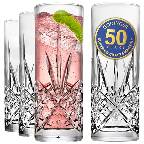 Godinger Dublin Crystal Tall Highball Drinking Glasses Set of 4 - All Purpose Beverage Glassware