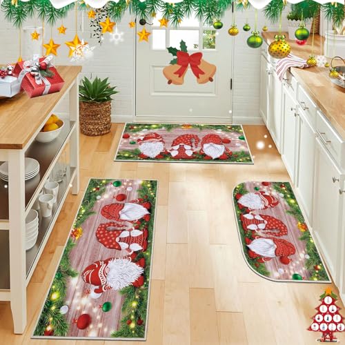 Christmas Gnomes Kitchen Rugs Set of 3 - 18x30, 18x30DShape, 20x40 Runner, Non Slip