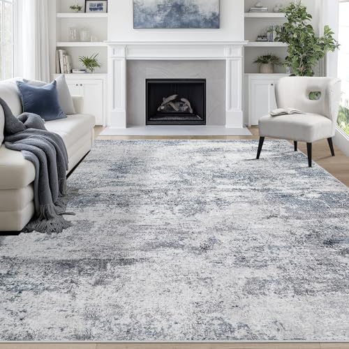 8x10 Washable Area Rug - Modern Abstract Non-Slip Low Pile (Blue Grey)