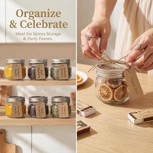8 oz Wide Mouth Mason Jars with Airtight Lids - 4 Pack Clear Glass Jars