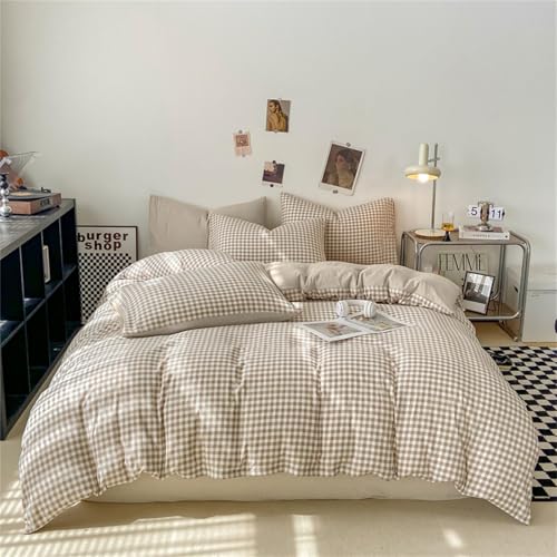 Brown Gingham Queen Duvet Cover Set - Soft Washed Microfiber Bedding