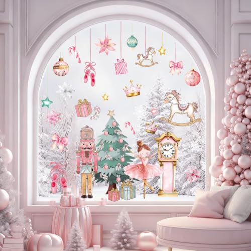 Whaline Pink Nutcracker Window Clings Gift Set – 6 Sheets Christmas Decor for Windows