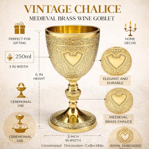 Vintage Brass Wine Chalice - Embossed Medieval Goblet for Ceremonial Use
