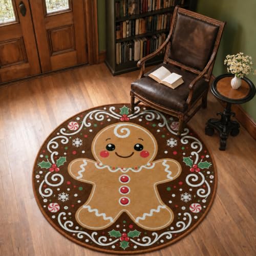 HOMETITUTE 4 ft Round Christmas Gingerbread Rug - Dark Brown, Non-Slip, Washable, 1-Piece Rug