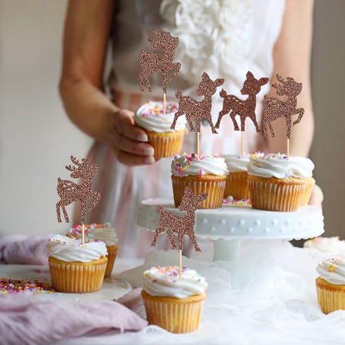Variation2: 24Pcs Glitter Brown Fawn Deer Cupcake Toppers Picks