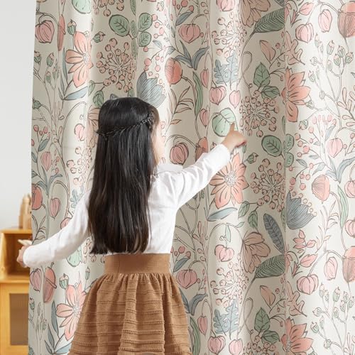 Floral Blackout Curtains for Girls Nursery, 63-Inch Pink Flower Drapes, 2-Pack