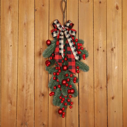 CITYES Xmas Artificial Teardrop Swag Wreath with Pine Cones & Red Berries, Outdoor Indoor Holiday Door Decor