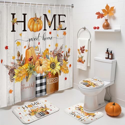 Fall Shower Curtain Set with Rugs - Autumn Pumpkin Maple Leaves Decor