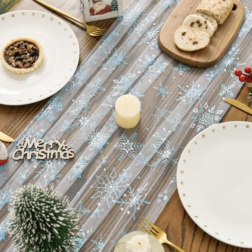 Artoid Mode Blue Snowflakes Merry Christmas Gauze Table Runner 28 x 120 Inch / 120in White-Blue