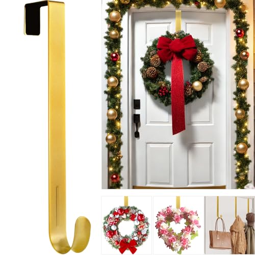 12-Inch Metal Wreath Hanger for Front Door - Heavy Duty Over the Door Hook, Gold