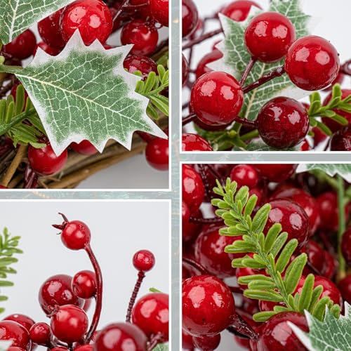 JINGHONG 20-Inch Artificial Christmas Wreath with Red Berries & Holly for Indoor Outdoor Holiday Decor