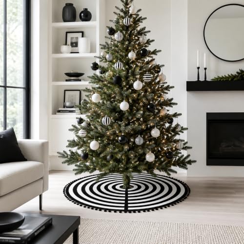 30 Inch Burlap Christmas Tree Skirt - Black & White Stripe with Pom Pom Trim