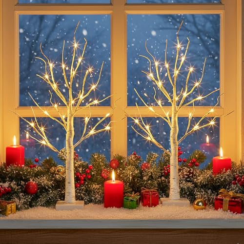 2FT Lighted Tabletop Birch Trees (2-Pack) - 24 LED Battery & USB Powered