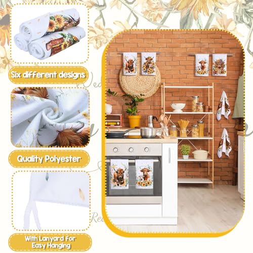 Highland Cattle Kitchen Towels - Set of 6 Farmhouse Floral Dishcloths
