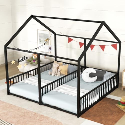 Double Twin House Platform Bed, Metal Floor Bed Frame with Safety Rails