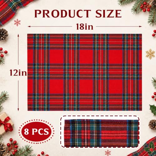 Dunzy Red Christmas Tartan Plaid Placemats Set of 8 – Holiday Table Decor