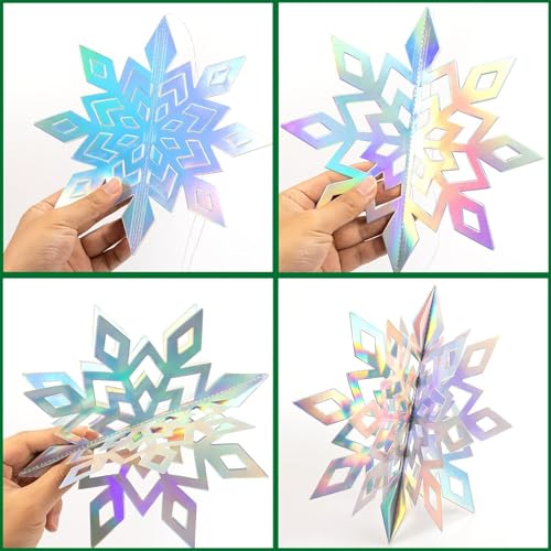 3D Iridescent Paper Snowflake Hanging Decorations for Christmas - 15 Pack