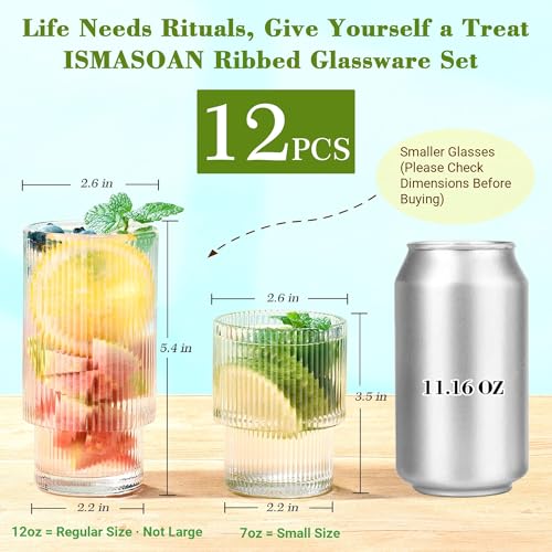 12-Piece Ribbed Glassware Set, Stackable Fluted Drinking Cups 7oz & 12oz