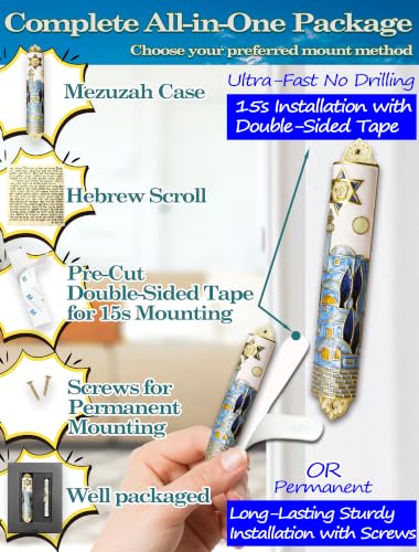 4-Inch Enamel Mezuzah Case with Scroll, Jerusalem Motif, 2-Way Install