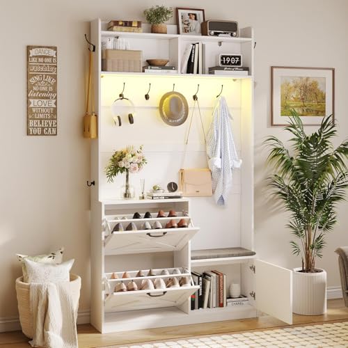 78-Inch Farmhouse Hall Tree with Bench, Shoe Storage, and LED Lights