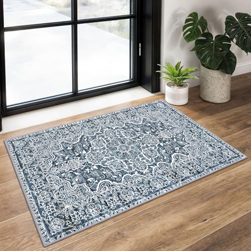 2x3 Blue Floral Area Rug - Washable Non-Slip Low Pile Entryway Carpet